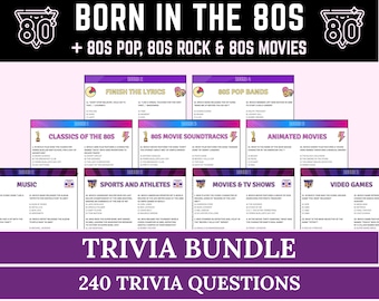 Pack d'anecdotes Né dans les années 80 | Quiz sur la musique des années 80, anecdotes sur la musique des années 80 et anecdotes sur les films des années 80 à imprimer | Soirée rétro des années 80 amusante | Anniversaire des années 80