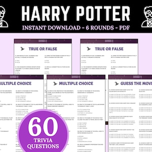 HP Trivia | Printable Trivia Game | 60 Film Trivia Questions for a Fun Trivia Night |  Movie Trivia Printable |  Printable Birthday Games