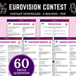 Eurovision Song Contest Trivia | Fun Printable Eurovision Game | 60 Questions for Music Night | Eurovision Game for Fans | Finish the Lyrics