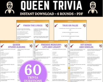 クイーンのトリビアゲーム、印刷可能なクイーンの音楽トリビアクイズ、ロックバンドのトリビア、フレディ・マーキュリーのクイズ、大人向けの音楽トリビア、ロックミュージックパーティーゲーム