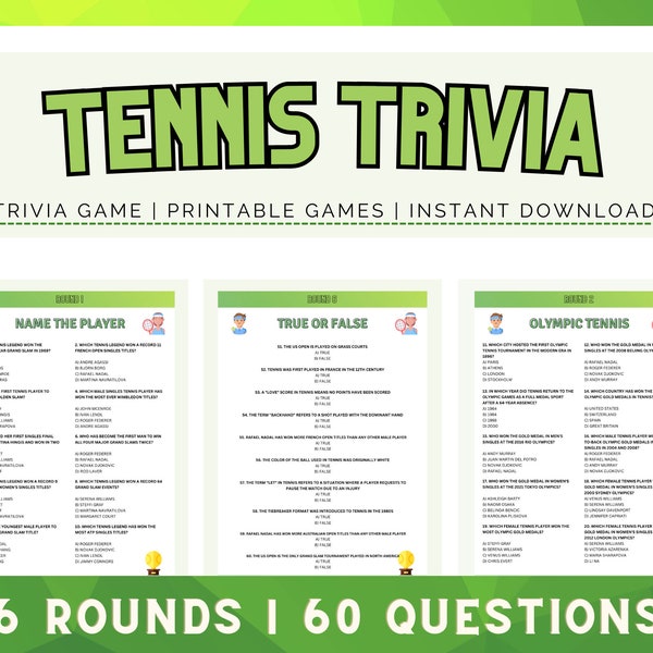 Tennis Trivia | Printable Trivia Game | 60 Trivia Questions for Trivia Night | Sport Quiz | Test Your Tennis Knowledge | Fun Party Games