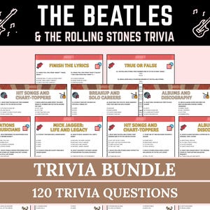 The Beatles Trivia & The Rolling Stones Trivia Bundle, Printable Rock Music Game, Rock Bands Trivia Quiz, 60s Music Party, Classic Rock Quiz