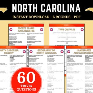 North Carolina Trivia Game, Printable US States Quiz, North Carolina Travel Activity, US Geography Trivia, North Carolina Travel Game
