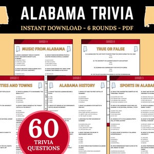 Alabama Trivia Game, Printable US State Quiz, America Trivia Questions, Alabama Themed Party Games for Adults, US Geography Trivia Quiz