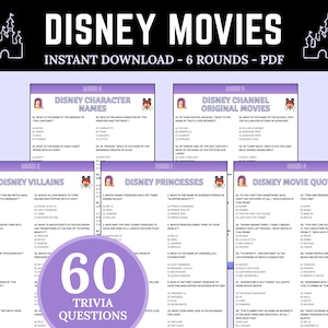 Disney Movies Trivia | Family Movies Game Night | Printable Disney Quiz | Disney Party Games | Disney Themed Game | Classic Disney Games