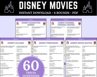 Disney Movies Trivia | Family Movies Game Night | Printable Disney Quiz | Disney Party Games | Disney Themed Game | Classic Disney Games