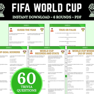 May include: A digital PDF with FIFA World Cup trivia questions. The image features the text "FIFA WORLD CUP" and "INSTANT DOWNLOAD - 6 ROUNDS - PDF". The trivia is divided into rounds with questions about the World Cup.