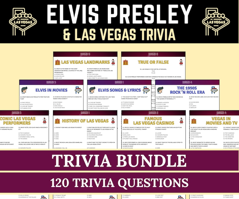 Elvis Presley Trivia & Las Vegas Trivia Bundle, Printable Rock and Roll