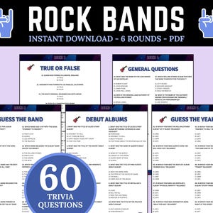Classic Rock Bands Trivia | | Rock Star Trivia | Printable Trivia Game |  Music Trivia Questions for Trivia Night | Music Quiz | Party Games