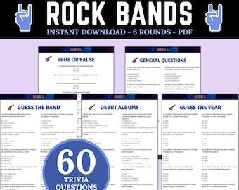 Trivia klassieke rockbands | | Trivia rocksterren | Afdrukbare trivia-game |  Muziek Trivia Vragen voor Trivia Night | Muziekquiz | Feestspellen
