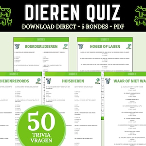 Puede incluir: Un documento de cuestionario sobre animales titulado DIEREN QUIZ, que contiene 50 preguntas divididas en cinco rondas. Las páginas incluyen categorías como BOERDERIJDIEREN, HOGER OF LAGER, DIERENRECORDS, HUISDIEREN y WAAR OF NIET WAAR, con encabezados verdes.