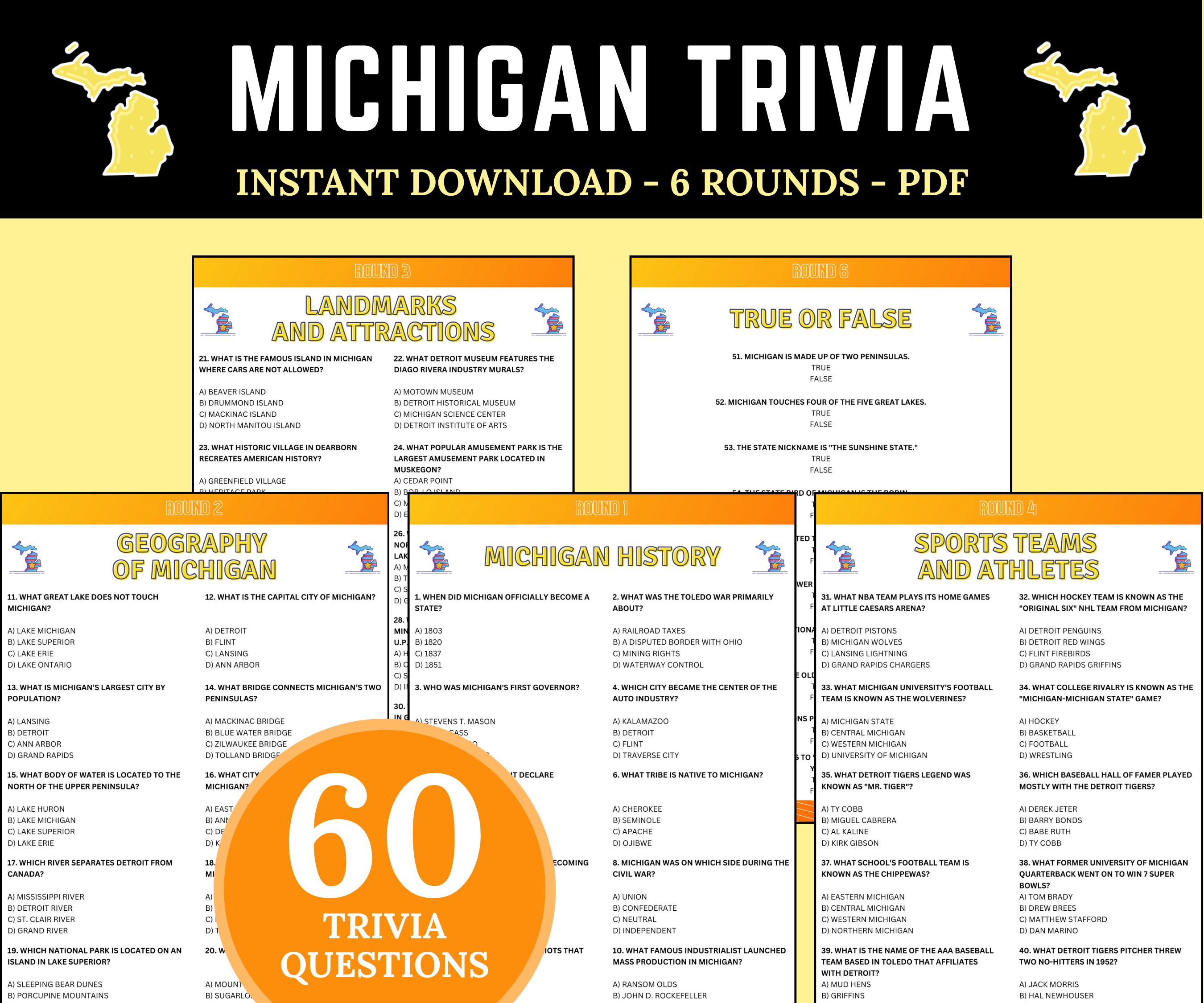 Michigan Trivia Michigan Trivia Game, Printable US States Quiz, USA Travel Game ...