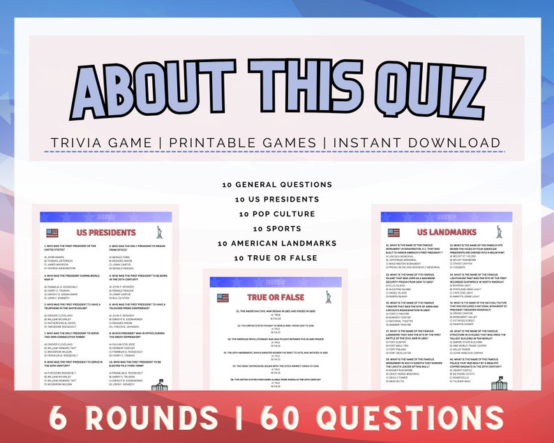 American History Trivia Printable Trivia Game Trivia Night Questions