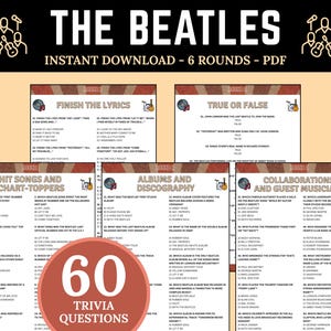 The Beatles Trivia Game, Printable Beatles Party Games, British Music Quiz, Finish the Lyrics Game, Name That Tune Game, 70s Music Trivia