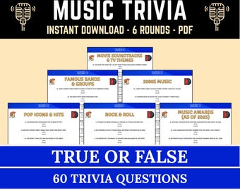Waar of niet waar muziek trivia game afdrukbaar | Leuke muziekkennisuitdaging | Muziekronde pubquiz | Muziekvragen voor familiequizavond