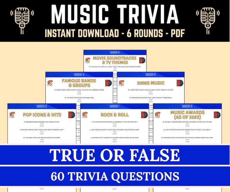 True or False Music Trivia Game Printable | Fun Music Knowledge ...