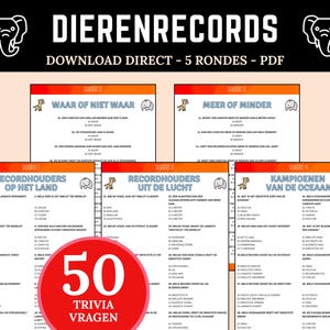 Puede incluir: Un juego de trivia digital en PDF titulado DIERENRECORDS que incluye 50 preguntas divididas en cinco rondas. El documento contiene preguntas de opción múltiple sobre animales, con encabezados naranjas, iconos de jirafas y elefantes.