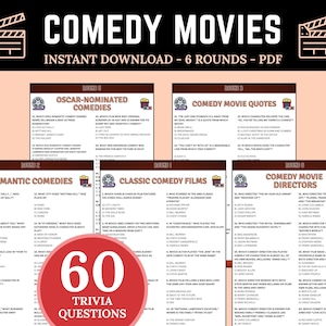 Juego imprimible de preguntas y respuestas sobre películas de comedia / Preguntas divertidas sobre cine para amigos y familiares / Reto de adivinar la película / Actividad nostálgica de televisión