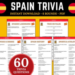 Juego de trivia sobre España / Cuestionario del Día de España / Juegos para fiestas / Actividades familiares imprimibles / Cuestionario sobre países de Europa / Pon a prueba tus conocimientos sobre España