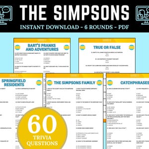 May include: A digital download of The Simpsons trivia game, offering six rounds of questions. The design features a black background with white text, and yellow and blue question cards. The trivia covers various aspects of the show.