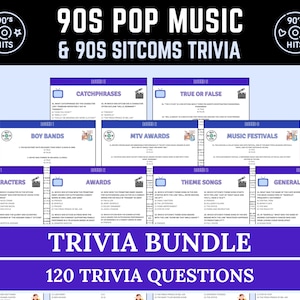 90s Pop Music Trivia & 90s Sitcoms Trivia Bundle | TV Show Trivia Questions for 1990&#39;s Themed Party | Back to the 90s Game | 90s Kids Quiz