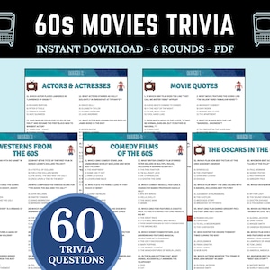 60s Movies Trivia Game | 60s Theme Party Game | Senior Citizen Activity | Decades Trivia | Family Movie Night Game | 1960s Quiz Questions
