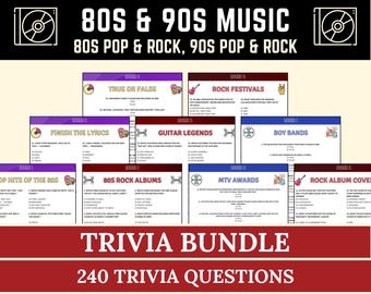 80年代音楽＆90年代音楽トリビアバンドル、印刷可能なレトロ音楽パーティーゲーム、80年代と90年代のロッククイズ、80年代ポップミュージックチャレンジ、音楽愛好家向けトリビア