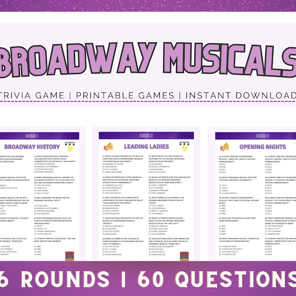 Broadway Musicals Trivia | Printable Trivia Game | 60 Trivia Night Questions | Broadway Quiz | Test Your Musical Knowledge | Print & Play