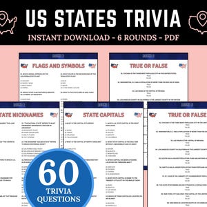 US States Trivia Game | US History Classroom Activity | United States Quiz Questions Printable | Learn US States & Capitals | Us Geography