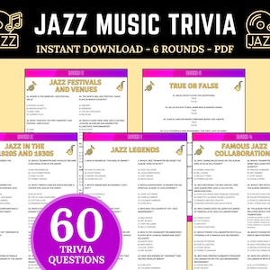 May include: A digital PDF game titled "Jazz Music Trivia" with 6 rounds of questions. The design features a black background with the word "JAZZ" in a stylized font and a purple and pink color scheme for the trivia questions.