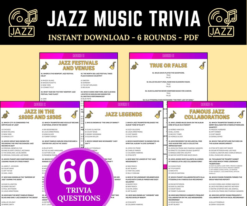May include: A digital PDF game titled "Jazz Music Trivia" with 6 rounds of questions. The design features a black background with the word "JAZZ" in a stylized font and a purple and pink color scheme for the trivia questions.