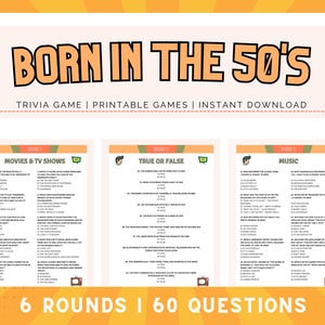 Geboren in den 50er Jahren Spaß druckbare Quiz-Spiel | 60 Trivia-Fragen a Trivia Night | Geboren in den 50er Jahren Quiz | Party und Geburtstag Spiele