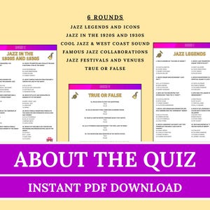May include: A digital download featuring a jazz trivia quiz with six rounds. The quiz covers jazz legends, the 1920s and 1930s, cool jazz, and more. The design includes colorful text boxes with quiz questions and the text "About the Quiz" and "Instant PDF Download".