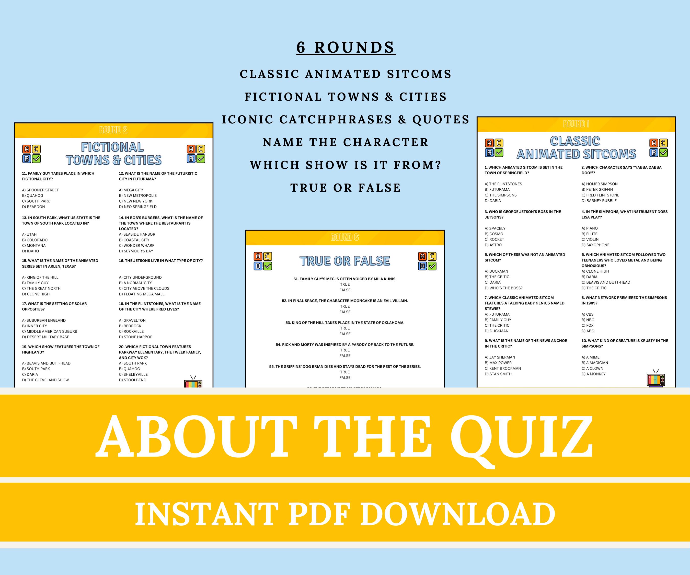 Animated Sitcoms Trivia Game | Printable Animated Sitcoms Quiz ...