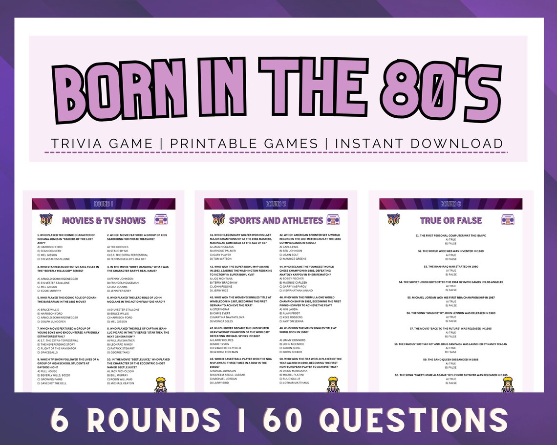 Born in the 80s Trivia | Printable Trivia Game | 60 Trivia Questions ...