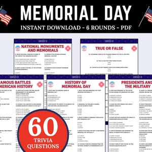Memorial Day Trivia | Memorial Day Games | Memorial Day Quiz Printable | Patriotic Game | Memorial Day Activities | Fun USA Themed Game