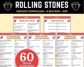印刷可能なローリング・ストーンズのトリビアクイズ | クラシックロックのトリビア問題 | 曲名当てゲーム | ロックバンドチャレンジ | ロックファン向けの楽しいゲーム