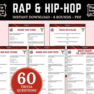 Hip-Hop & Rap Trivia Game | Printable Hip Hop Lyrics Trivia | Name the Tune Quiz | Hip-Hop Themed Party | 90s Hip-Hop Game | Who Sings it