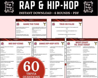 Hip-Hop & Rap Trivia Game | Printable Hip Hop Lyrics Trivia | Name the Tune Quiz | Hip-Hop Themed Party | 90s Hip-Hop Game | Who Sings it