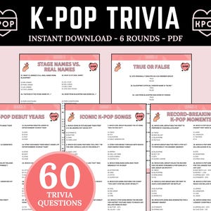 K-Pop Trivia | 60 Trivia Question for Trivia Game Night | Korean Pop Quiz | Printable K-Pop Trivia Quiz | K-Pop Party Game | BTS Trivia