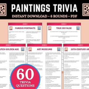 Paintings and Painters Trivia | Printable Trivia | 60 Trivia Night Questions | Paintings Quiz | Test Your Art Knowledge | Print & Download