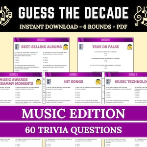 May include: A digital PDF trivia game, "Guess the Decade", offering six rounds of questions. Categories include best-selling albums, true or false, music awards, hit songs, and music technology. The game features 60 trivia questions.
