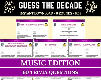 Errate das Jahrzehnt: Musik-Trivia-Spiel, Druckbares Musik-Quiz, Dekaden-Challenge, 70er, 80er, 90er Musik-Trivia, Errate die Ära, Trivia für Musikfans
