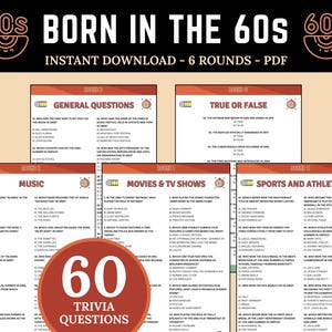 Born in the 60s Trivia | Fun Printable Trivia Game | 60 Trivia Night Questions | Born in the 60s Quiz | Throwback Quiz | 60th Birthday Games