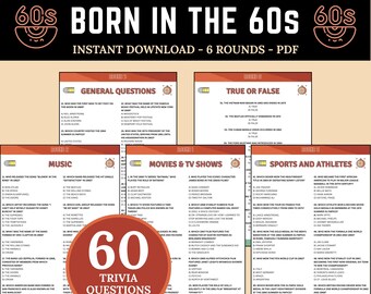 Född på 60-talet Trivia | Roligt utskrivbart triviaspel | 60 frågor om triviakvällar | Född på 60-talet Quiz | Tillbakablick Quiz | 60-årsdagsspel