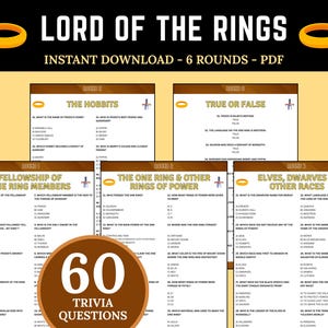 May include: A digital download featuring a trivia game based on "Lord of the Rings." The image displays six rounds of questions, with the title and the words "Instant Download - 6 Rounds - PDF" in white text. The game includes 60 trivia questions.