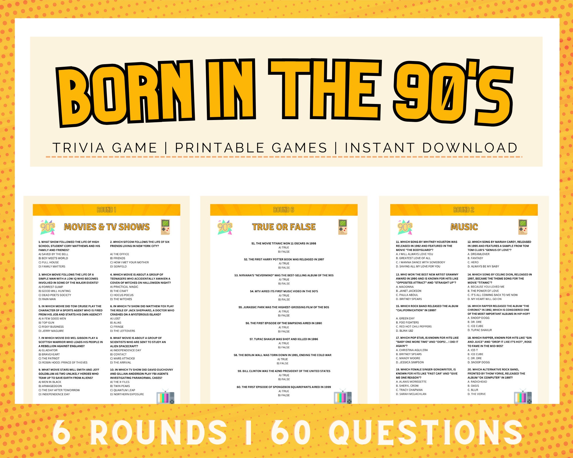 Born in the 90s Trivia | Fun Printable Trivia Game | 60 Trivia ...