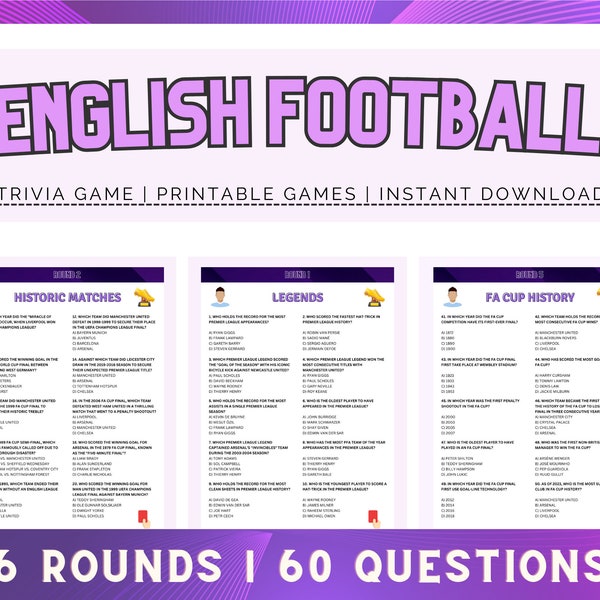 English Football Trivia | Fun Printable Trivia Game | 60 Trivia Questions for Trivia Night | Sports Trivia Game | Football Quiz Printable