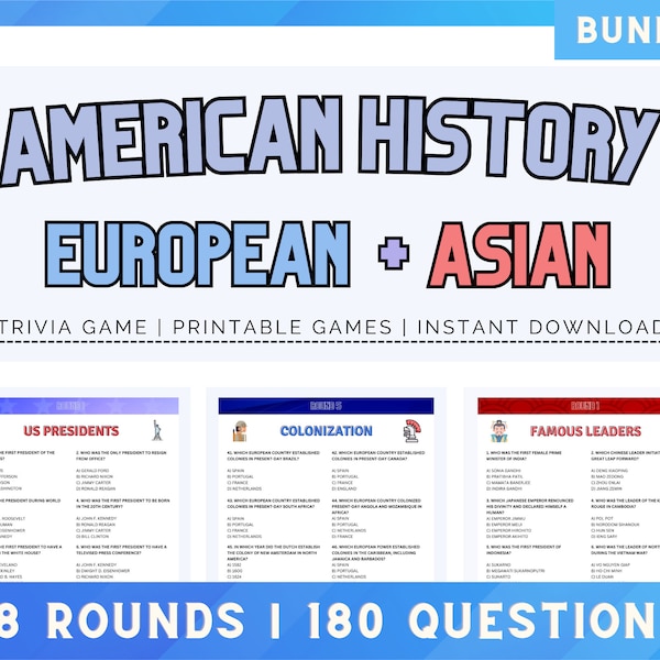 America History Trivia | European History Trivia | Asian History Trivia | 180 Trivia Questions for a Trivia Night |  History Trivia Bundle
