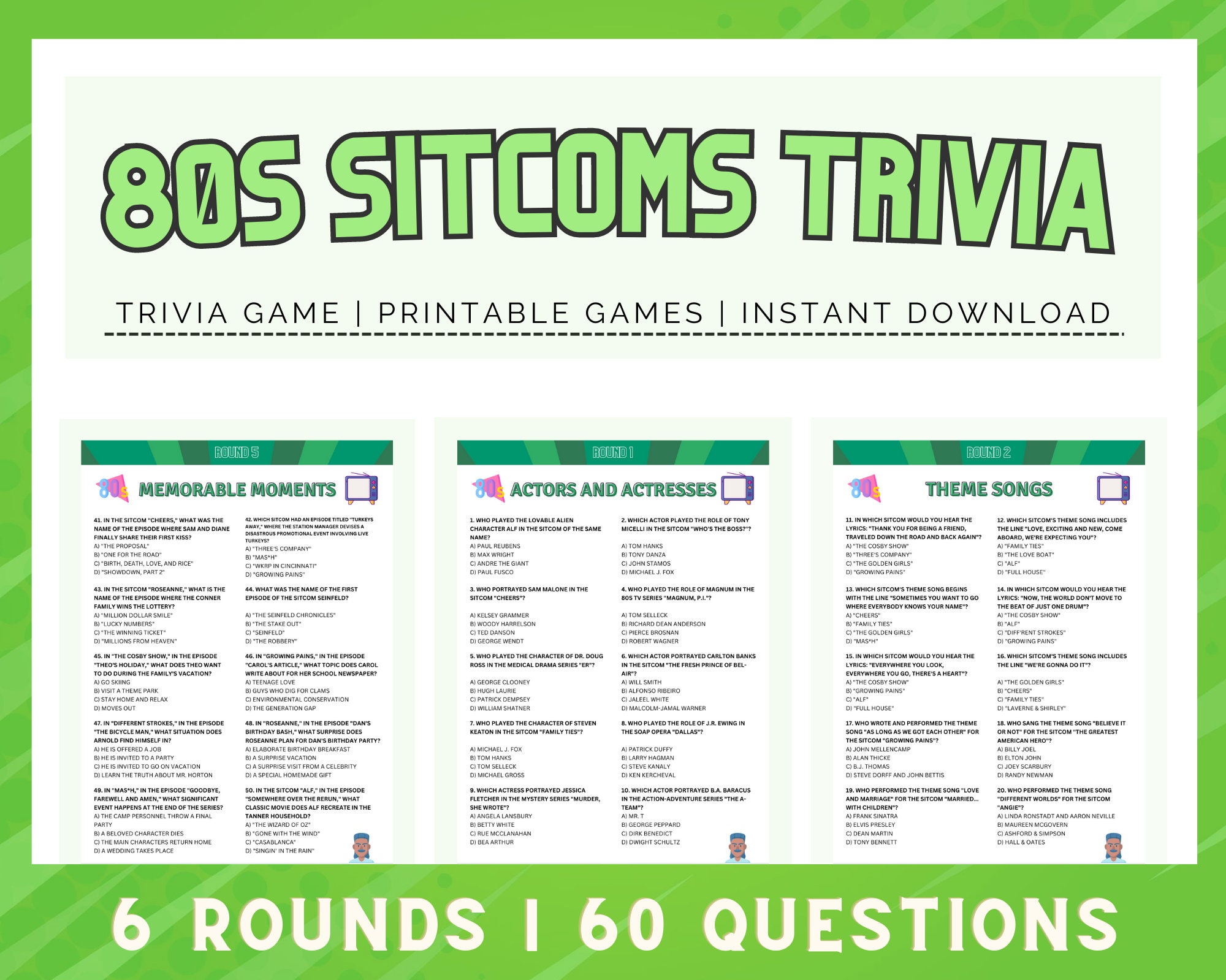 80s Sitcoms Trivia Fun Printable Trivia Game 60 Trivia Questions for ...
